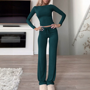 Ensemble de yoga de <span class=keywords><strong>sport</strong></span> pour femmes T-<span class=keywords><strong>shirt</strong></span> à manches longues et pantalon de couleur unie Vêtements d'entraînement confortables - Product Image 4