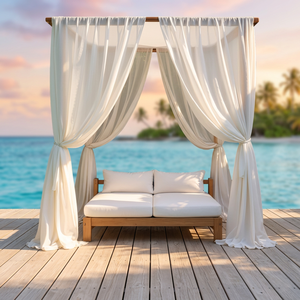 Lit de repos d'extérieur de luxe en teck tropical avec rideaux de baldaquin, lit cabana moderne pour bord de piscine, mobilier de jardin, de villa et de patio - Product Image 3