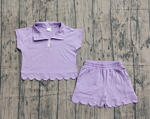 Ensemble décontracté en coton imprimé personnalisé pour petites filles, respirant, avec fermeture éclair pour chemise et short à bord festonné, vêtements pour enfants - Product Image 3