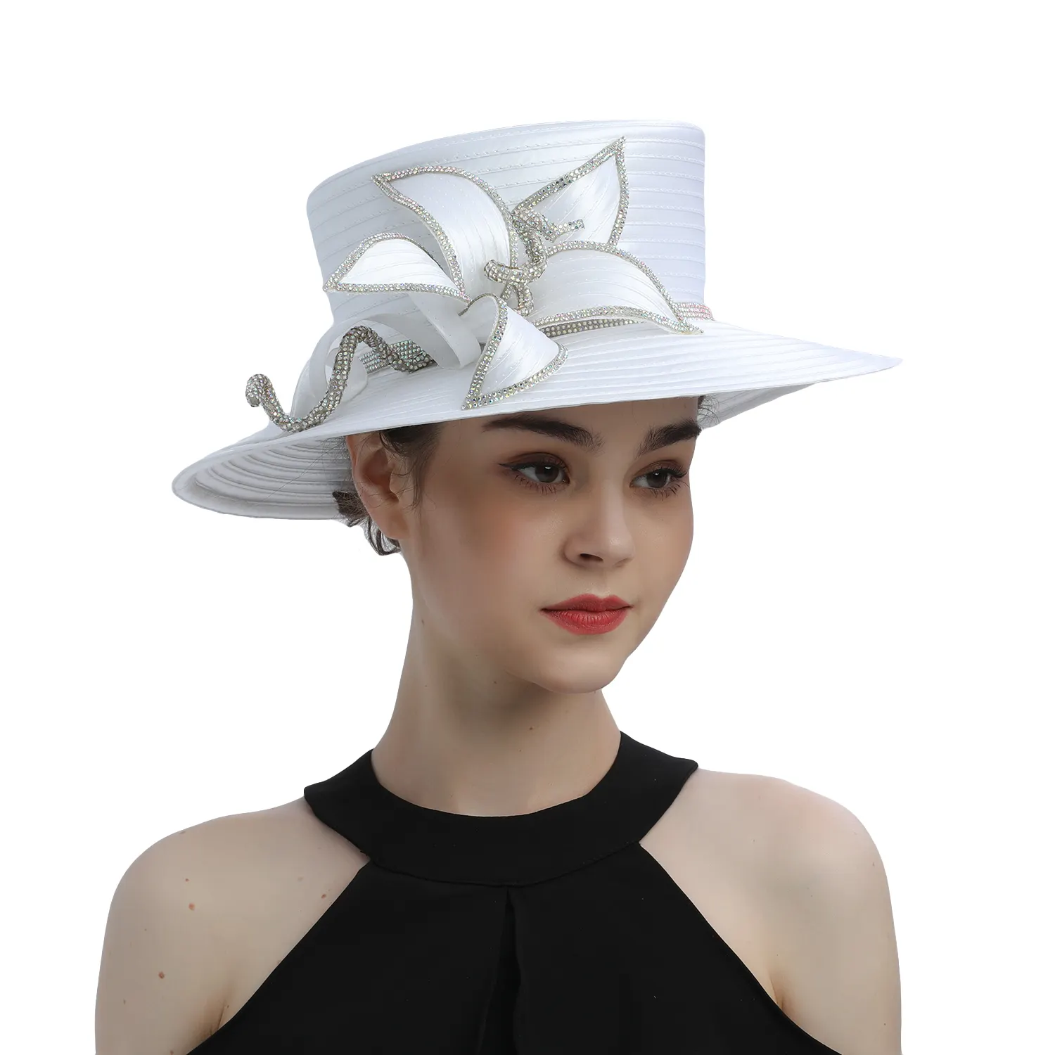 完璧な最も人気のあるサテン布教会帽子デラックスユニークな写真結婚式の帽子ファンシーフォーマルフラワー魅惑的なシルクハット女性