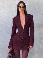 Robe blazer plissée à col en V profond pour l'automne et l'hiver, couleur unie, élégante, costume pour femmes
