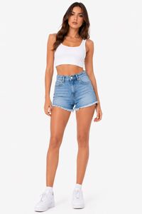Shorts in denim a vita alta con orlo sfrangiato e tasche, in cotone stonewashed, stile casual, per l'estate - Product Image 1