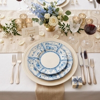 Assiettes de dîner en céramique bleu méditerranéen et blanc, bord festonné, service de vaisselle vintage en porcelaine, pour mariage, événement, assiette de présentation pour hôtel