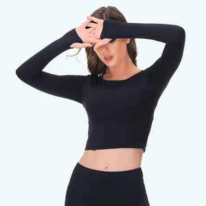 Kemeja Yoga lengan panjang elastis untuk wanita, kemeja nilon spandeks tahan bakteri tembus udara dengan desain leher rendah dan lubang jempol untuk wanita - Product Image 4