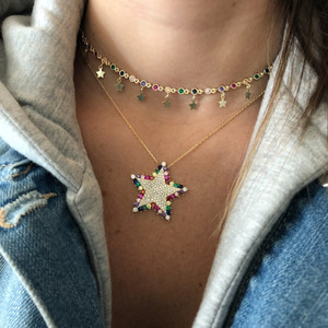 Collar con Colgante de Estrella Grande con Micro Pavé de Circonitas Cúbicas Brillantes y Piedras de Colores, Regalo de Navidad 2023 - Product Image 4