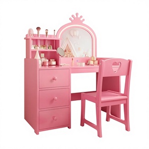 Coiffeuse en bois sur le thème des princesses pour chambre d'enfant avec lumières, ensemble bureau et chaise 2 en 1, étagères ouvertes pour les petites filles - Product Image 1