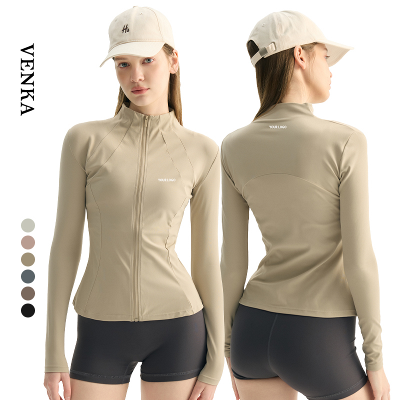 Women's Slimming Gym Fitness Wear Stand Collar Full Zip-Up Cinching Top Patchwork Ladies Sports Long Sleeve Yoga Jacket