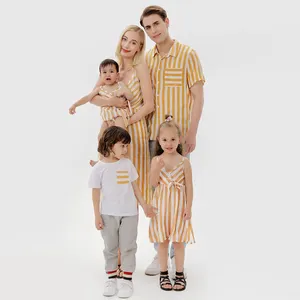 Nouveau jaune bande 100% coton famille costume papa fils chemise maman fille robe correspondant maman et moi tenues garçon