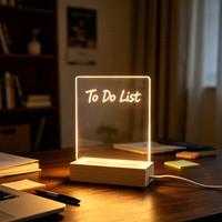 Lampe de chevet LED en bois pour chambre d'enfant, veilleuse USB, lampe à base en bois, tableau de messages LED en acrylique vierge pour amis