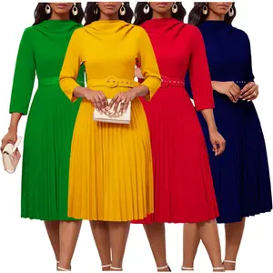 D459 Latest Design Elegant Dresses Women Casual Solid Color Long Sleeve Pleated Dress Fashionable Ladies Office Dress With Belt