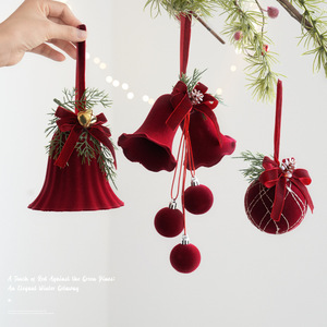 Ornements de Noël en velours rouge LINGKAI, cloches floquées avec nœuds, pendentifs suspendus pour porte, mur, arbre, décoration de fêtes - Product Image 2