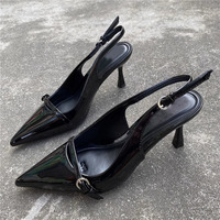 Sandales à Talons Aiguilles Hauts Évidés pour Femmes, Bout Pointu, Boucle, Cuir Verni Noir, Bride Arrière, Chaussures de Mariage Rouges pour Femme