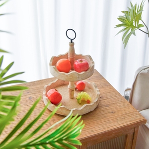 HOME Farmhouse Round 2-layer Snack Dessert Candy <b>Cake</b> Fruit Plate Display <b>Storage</b> Wooden Finish Tray with Metal Handle - Product Image 1