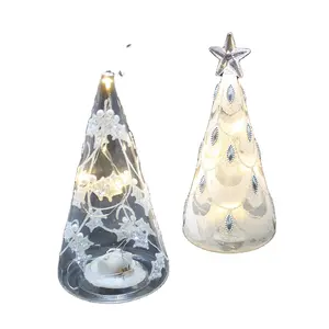 Stand tabletop decorative clear led light up glass christmas tree top ornaments with star