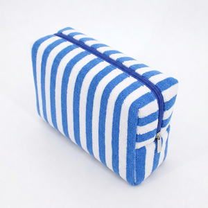Bolsa de Maquillaje de Tela de Rizo con Rayas Azules y Logotipo Personalizado, Bolsa Cosmética con Cierre, Organizador de Artículos de Aseo, <span class=keywords><strong>Kit</strong></span> de Cuidado de la Piel para Viaje, Neceser para Mujer - Product Image 5