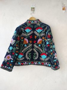 Hand Embroidered Floral Cotton Suzani <b>Jacket</b> Women Mandarin Collar Full <b>Sleeve</b> <b>Short</b> Length Prairie Chic Style Spring Outerwear - Product Image 5