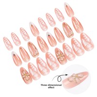 Ongles à porter de haute qualité, rose nude doré, style français, avec motifs fleurs et ciel étoilé, 24 pièces pré-fabriquées
