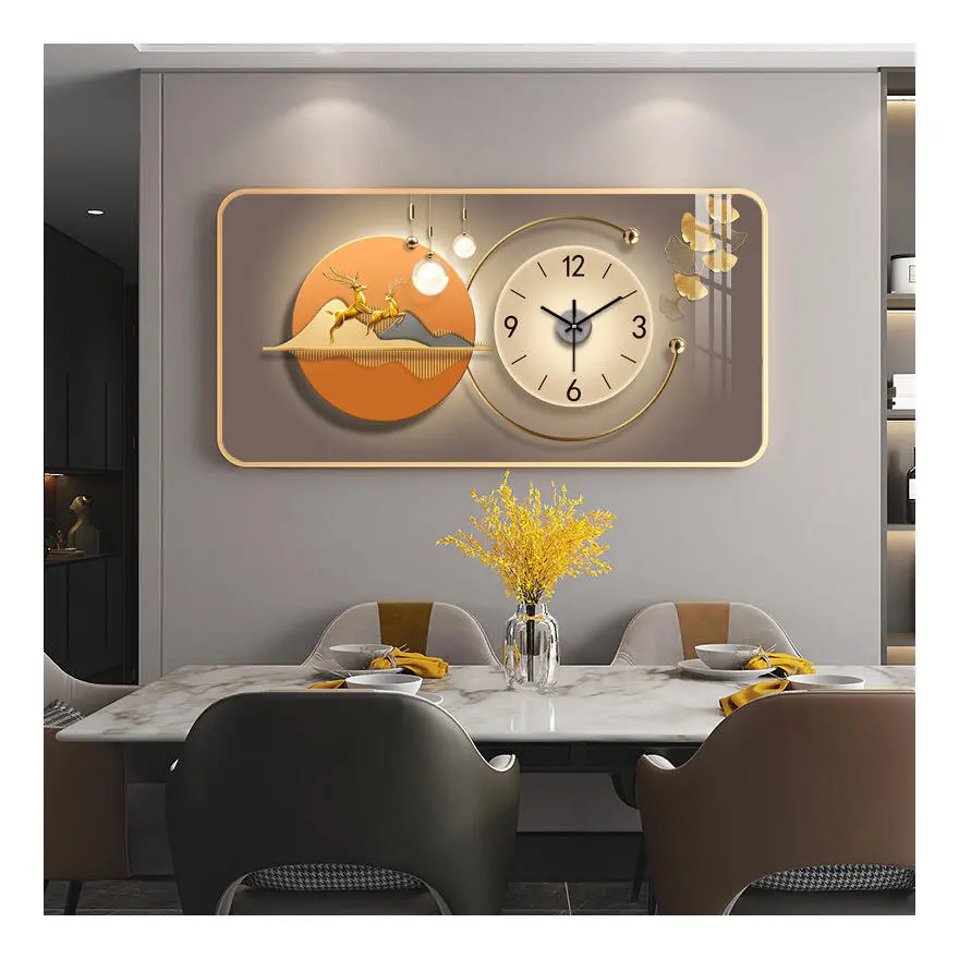 Décoration intérieure moderne Horloge murale de luxe Peinture en porcelaine de cristal Images d'animaux Nature morte Horloge murale suspendue encadrée en PVC