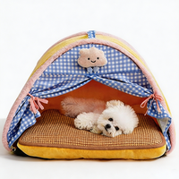 Lit-tente pour animaux de compagnie, maison-caverne en peluche pour chat, coussin en polaire chaud, rideau à carreaux, tapis portable et confortable, antidérapant, pour petits chiens et chatons, vente en gros