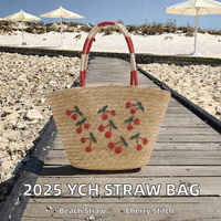 Nouveau Sac de Plage Seau à Bandoulière YCH 2025 – Broderie Lourde, Fermeture Ouverte, Doublure Polyester, Paille Tressée, Motif Cerise, Porté Main