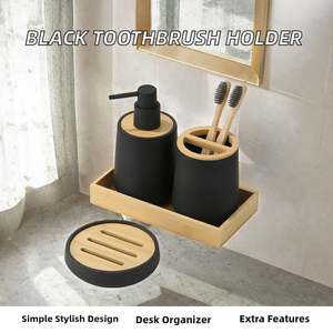 BEST Ensemble de 4 pièces minimaliste en plastique noir écologique avec support pour brosses à dents et couvercle en bambou, organisateur de rangement pour salle de bain - Product Image 2