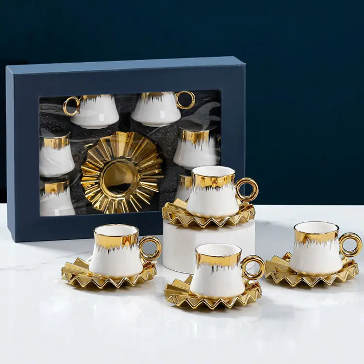 Sứ Espresso Cup Set electri-mạ vàng thiết kế Arabic 6 cái 90ml Espresso gốm tái sử dụng ly cà phê với saucers Set