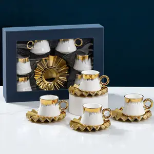 Porcelain Espresso Cup Set Electri-plated Golden Design Arabic 6Pcs 90ML Espresso Ceramic Reusable Coffee Cups With Saucers Set