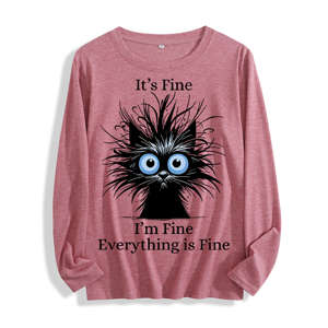 100% Cotton <b>Long</b>-<b>Sleeve</b> <b>T</b>-<b>Shirt</b> for Women 'It's Fine <b>Black</b> Cat Graphic' in Multi-Colors - Product Image 4