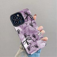 Étui de téléphone portable en cuir artificiel TPU avec impression vagues violettes et nœud papillon pour iPhone X Xr 11 12 13 14 15 16 17 18 Pro Max