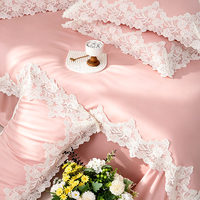 Parure de lit romantique rose en dentelle florale 4 pièces 100 % coton à fibres longues avec taies d'oreiller pour chambre de princesse – Cadeau idéal