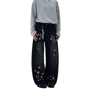 Custom Vintage Cartoon Printed Denim <strong>Jeans</strong> Medium Wash Mid Waist <strong>Boot</strong> <strong>Cut</strong> Fashion Pants <strong>for</strong> <strong>Women</strong> - Product Image 1