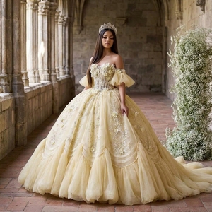 Robe de soirée princesse Rsm261074 pour anniversaire, avec fleurs, manches détachables, dos lacé, Vestidos De 15 Quinceanera Jancember - Product Image 1