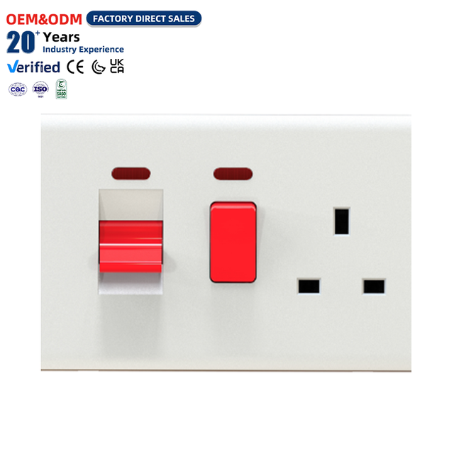 OEM Factory Home Use Electrical 45A Double Pole DP Switch + 13A Socket with Neon Indicator Plate Wall Mounting Socketed Switches