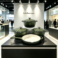 Ensemble de batterie de cuisine en fonte émaillée 4 pièces, compatible four, comprenant faitouts, poêle à frire et poêle grill, pour cuisinières à induction et à gaz