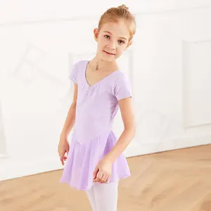 B8001 Váy Leotard Ngắn Tay Vải Cotton Khiêu Vũ Bán Sỉ Váy Múa Ba Lê Cho Bé Gái