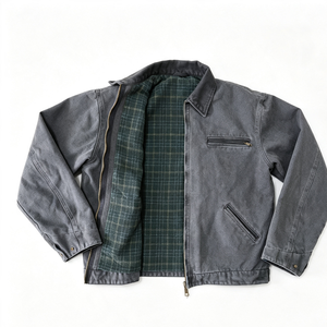 Veste de travail robuste pour homme, style utilitaire, à fermeture éclair, en toile délavée, doublure à carreaux, col rabattable, style vintage, streetwear décontracté - Product Image 2