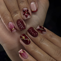 Faux ongles à presser en PMMA rouge bordeaux vintage, motif floral 3D sculpté, surface torsadée, perle étoile dorée, formes carrées courtes et ovales, pour festival