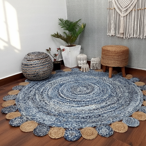 Tapis plat moderne à motif floral, tressé TIKKI, antidérapant, écologique, antibactérien, en denim et jute, pour la maison, la prière et les pique-niques - Product Image 3