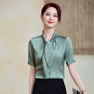 White Chiffon Blouse Women Short Sleeve Elegant Wrap Tie Office Shirt Summer Formal Inner Layer Top - Product Image 4