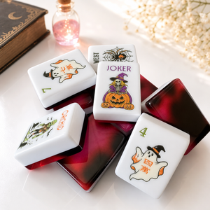 Échantillon <span class=keywords><strong>de</strong></span> jeu <span class=keywords><strong>de</strong></span> Mahjong <span class=keywords><strong>de</strong></span> luxe personnalisé pour Halloween, 160 tuiles en acrylique non toxiques, design effrayant, motifs citrouille, pour les acheteurs en gros - Product Image 6