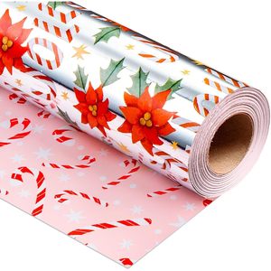 Christmas Wrapping Paper Metallic Foil Poinsettia Candy Cane Floral Gift <b>Wrap</b> Roll 46.8 Square Feet Anti Curl - Product Image 1