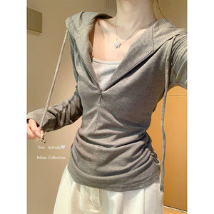 Miu Style Grey Hooded Long Sleeve T Shirt Women Slim Fit Half Zip Base <b>Layer</b> <b>Top</b> Casual Solid Color Breathable - Product Image 5