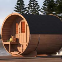 Sauna en bois massif de qualité supérieure Boyce, en cèdre rouge canadien (traité thermiquement), surface lisse, systèmes électriques doubles pour villa