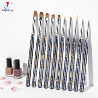 Nuevo Set Profesional de 10 Pinceles para Uñas con Mango Acrílico con Textura de Mármol Azul para Pintura en Gel UV y Arte de Líneas