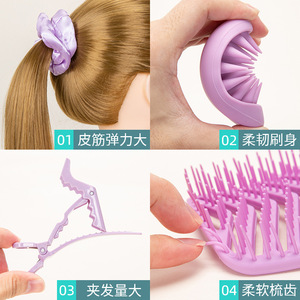 Purple Hair Care Set With <b>Spray</b> Bottle Brush Clips And Scrunchies For <b>Styling</b> And Massage - Product Image 3