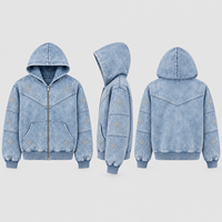Sweat à capuche zippé personnalisé avec strass, en molleton de coton délavé, avec strass thermocollés, pour homme, style streetwear