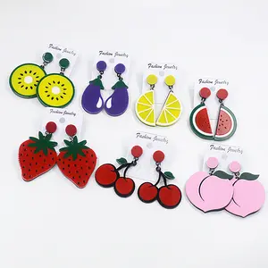 Popular Japanese and Korean Fashion Jewelry Avocado Eggplant Cherry Watermelon Strawberry Pink Peach Fruit Daisy acrylic earring