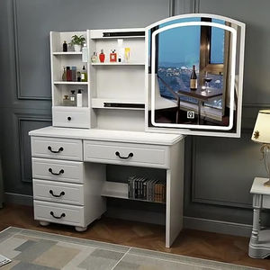 Tocador de maquillaje de lujo ligero de estilo nórdico con espejo iluminado, cajones de almacenamiento grandes, tocador blanco para dormitorio moderno - Product Image 2