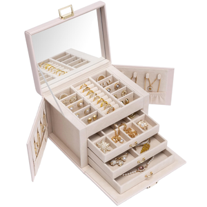 Boîte à bijoux en cuir PU grande capacité avec miroir, tiroirs multicouches, organiseur de rangement pour boucles d'oreilles, bagues et colliers, cadeau pour femme - Product Image 1