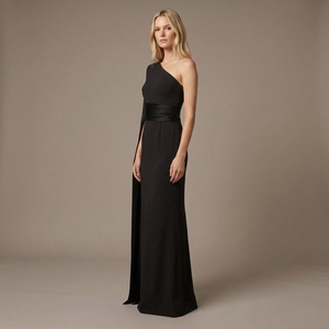 Robe longue noire à une épaule et manches longues |   Robe de soirée longue avec fente centrale au dos - Product Image 3